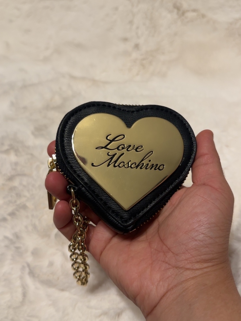 Love Moschino Black Leather Heart Coin Pouch with Gold Plaque